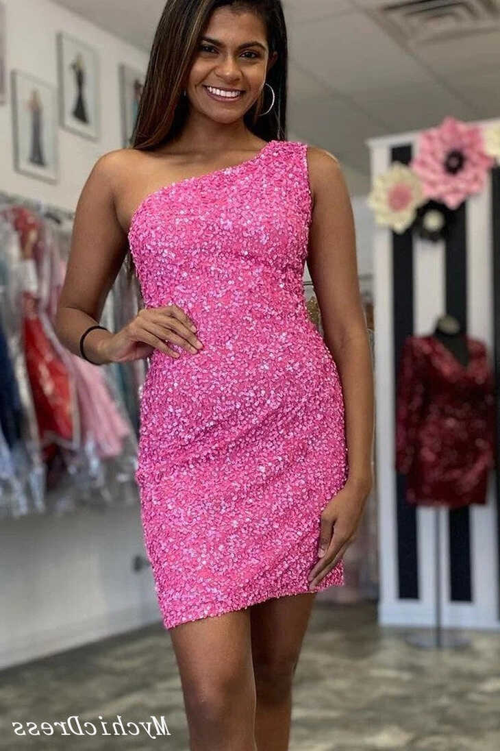 Short Pink Sequin Homecoming Dresses One Shoulder Tight Cocktail ...