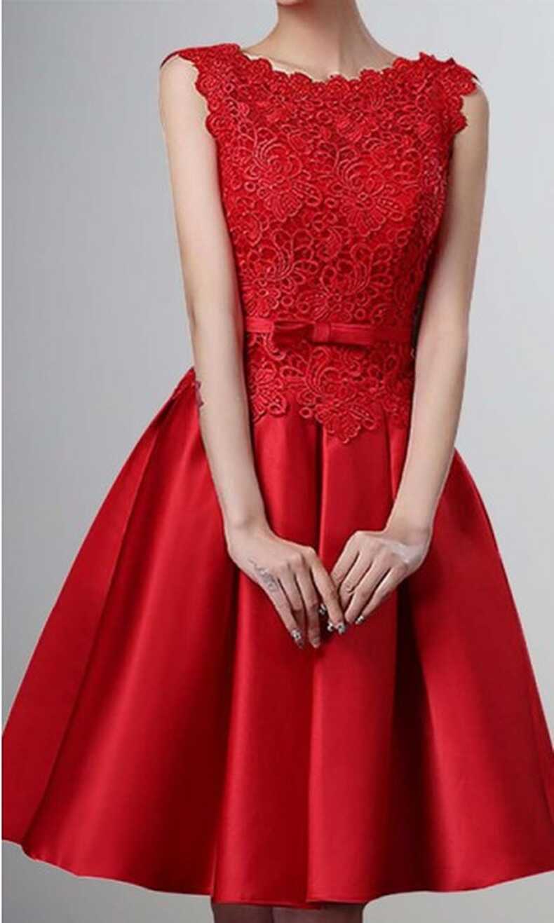 Short Red Bridesmaid Dress Oblong Neckline KSP430