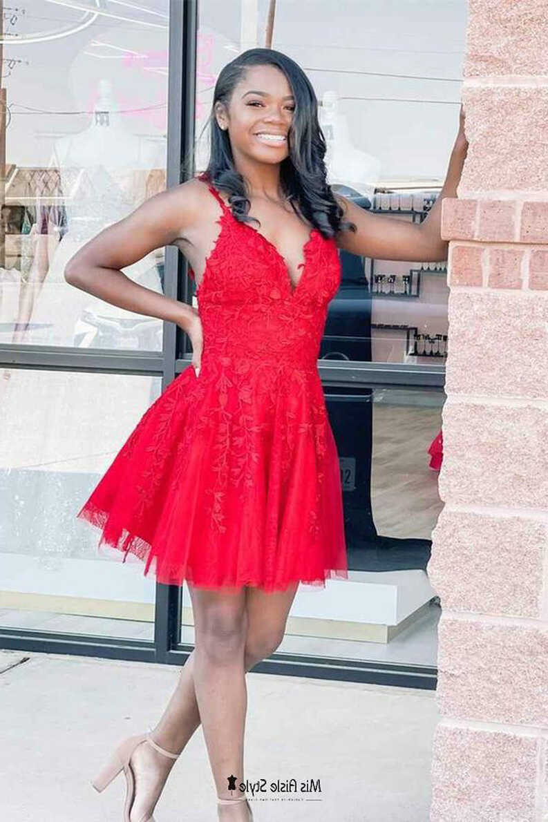 Short Red Lace and Tulle Homecoming Dress – misaislestyle