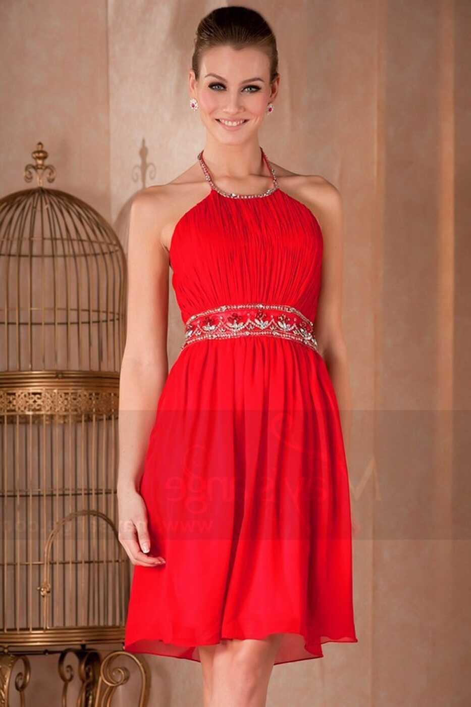 Short Red Party Dress With Rhinestones Belt