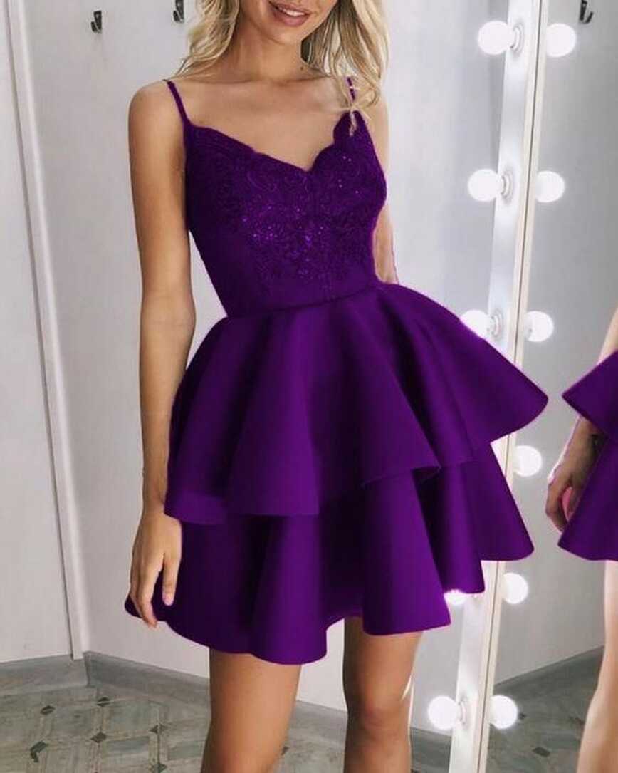 Short Satin Ruffles Purple Homecoming Dresses Lace V Neck cg3761