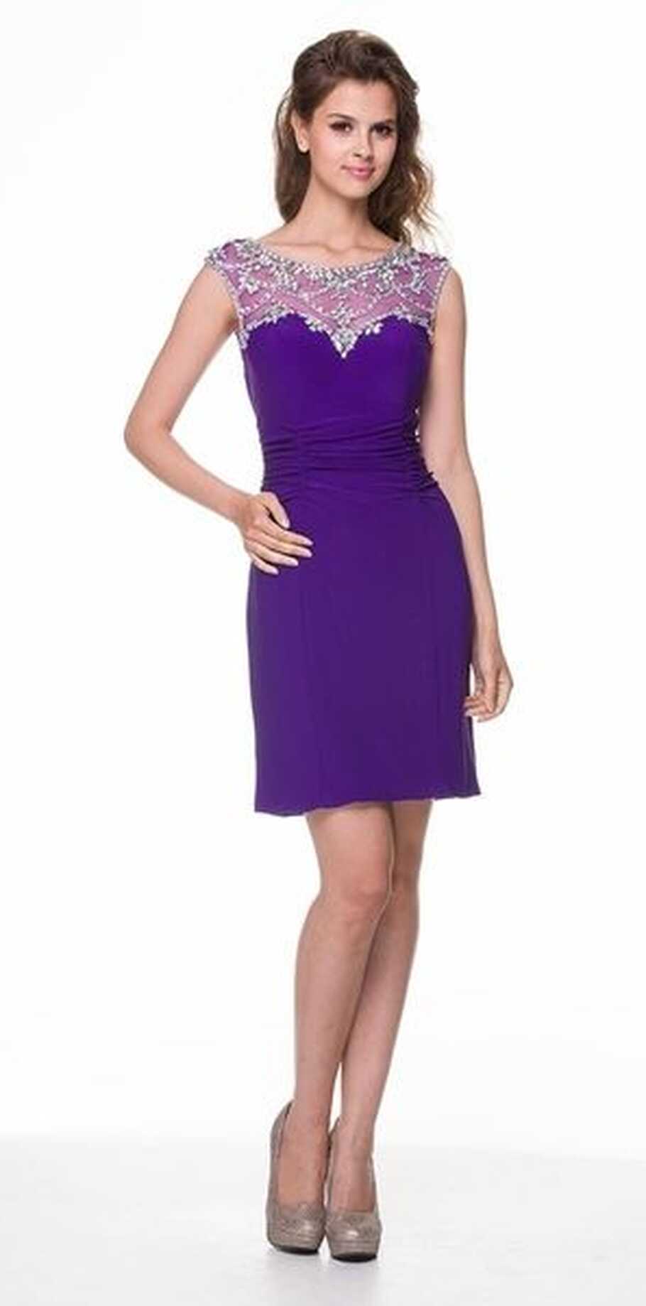 Short Semi Formal Purple Evening Dress Modest Sleeveless Beading