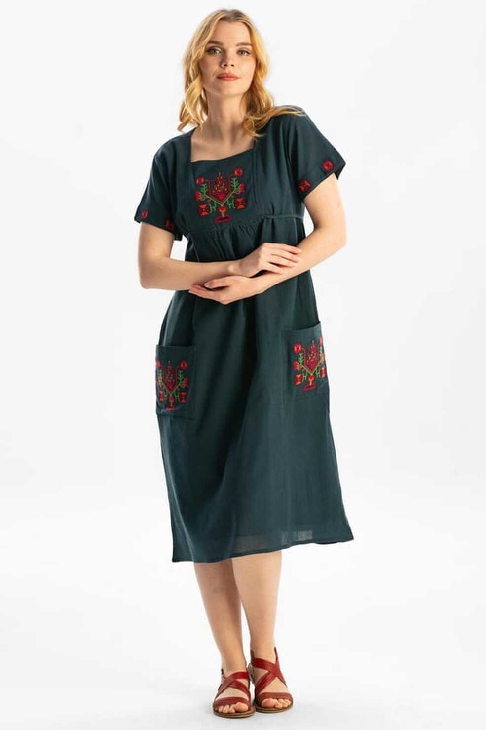 Short Sleeve Şile Fabric Melek Midi Dress Petrol | silemoda.com