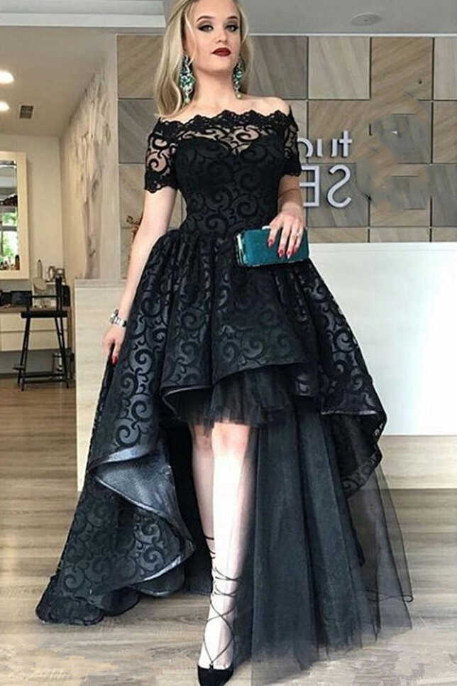 Short Sleeve Front Short Long Back Black Lace Hi-Lo Fancy Prom ...