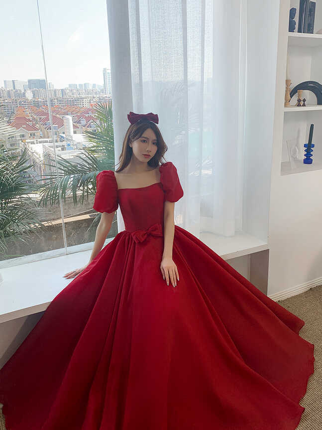 Short Sleeve Prom Dresses Red Elegant Satin Vintage A Line Prom ...