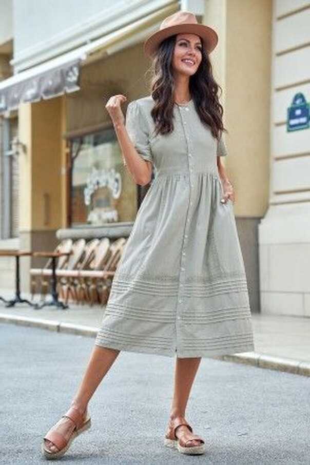 Short Sleeve Round Neck Button Cotton Midi Dress