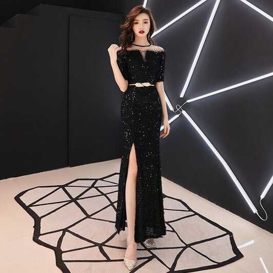 Short Sleeve Sequined Tassel Black Girl Evening Dress