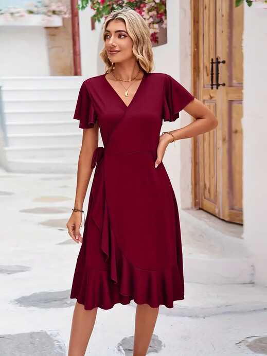 Short Sleeve Wrap Dress Ruffle Hem Casual Dress Summer - Temu New ...