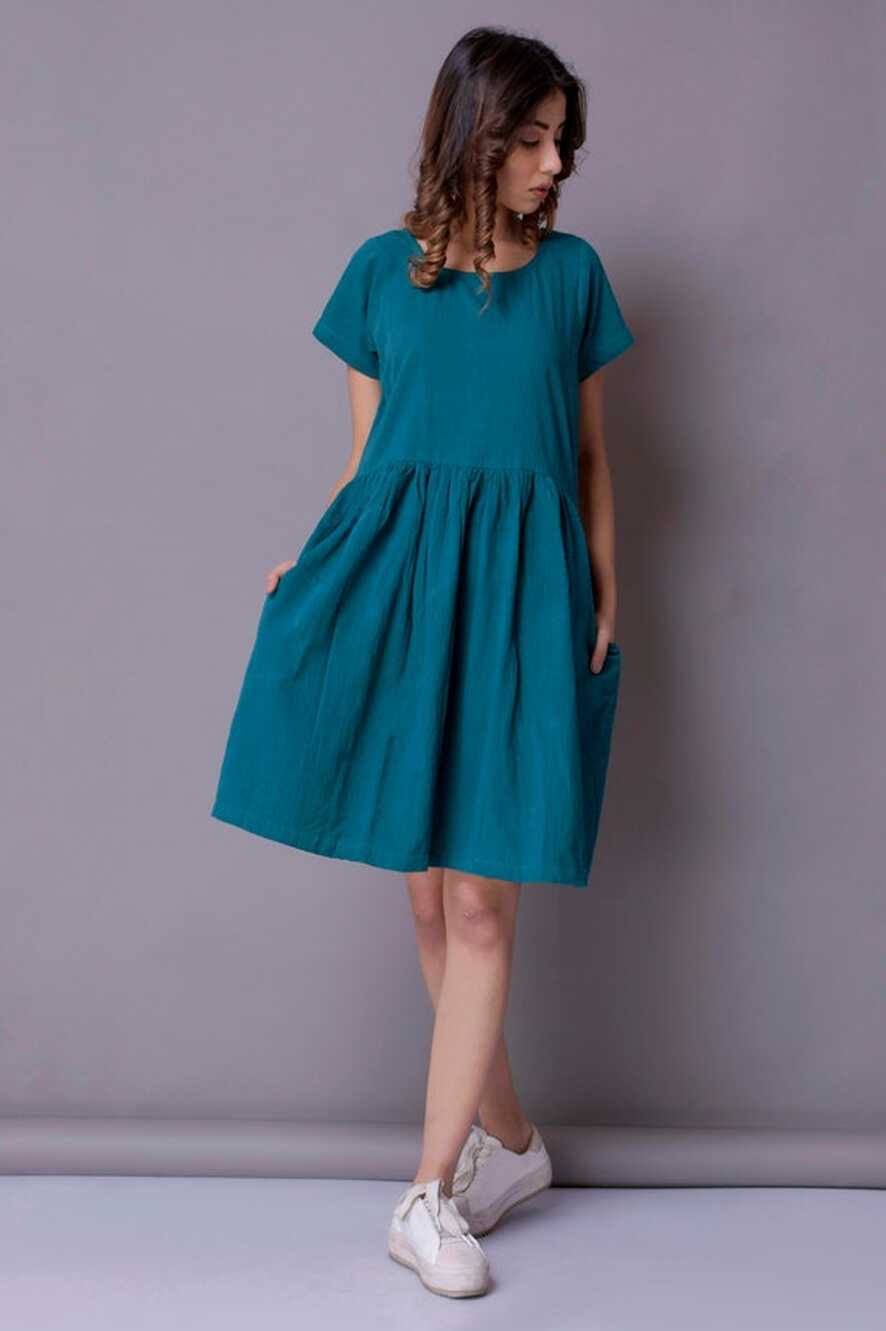 Short Sleeved Dress, Teal Linen Dress, Summer Dress, Knee Length ...