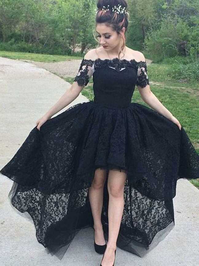 Short Sleeves Black Lace High Low Prom Dresses, Black High Low ...