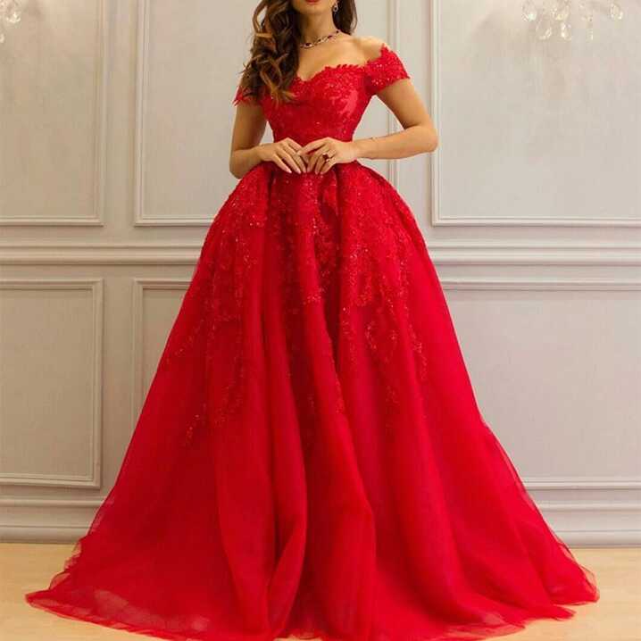 Short Sleeves Bridal Ball Gowns Custom Red Lace Tulle Wedding Dresses M8101