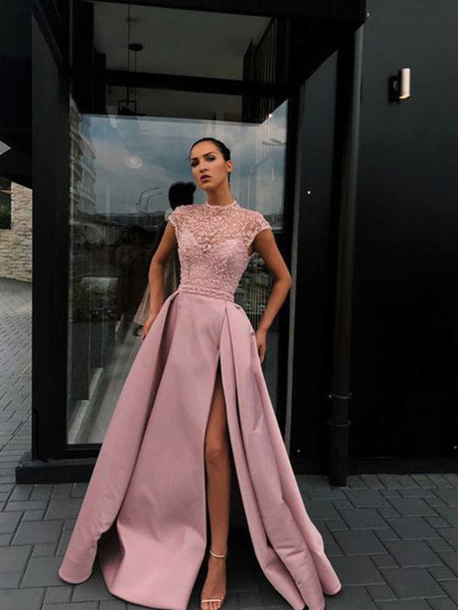 Short Sleeves Pink Princess Satin Scoop Prom Dresses with Beading ...