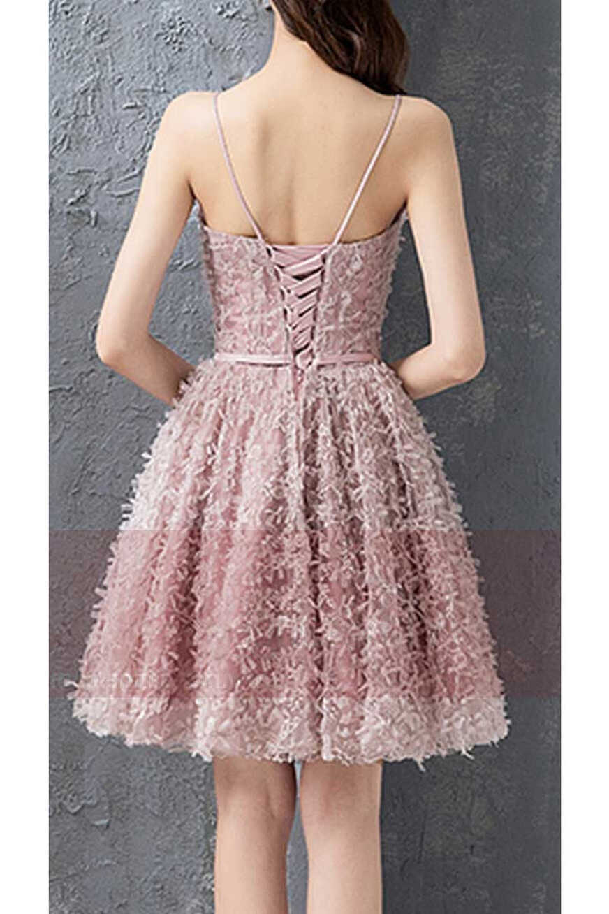 Short Spaghetti-Strap Prom Dress in Peach Beige