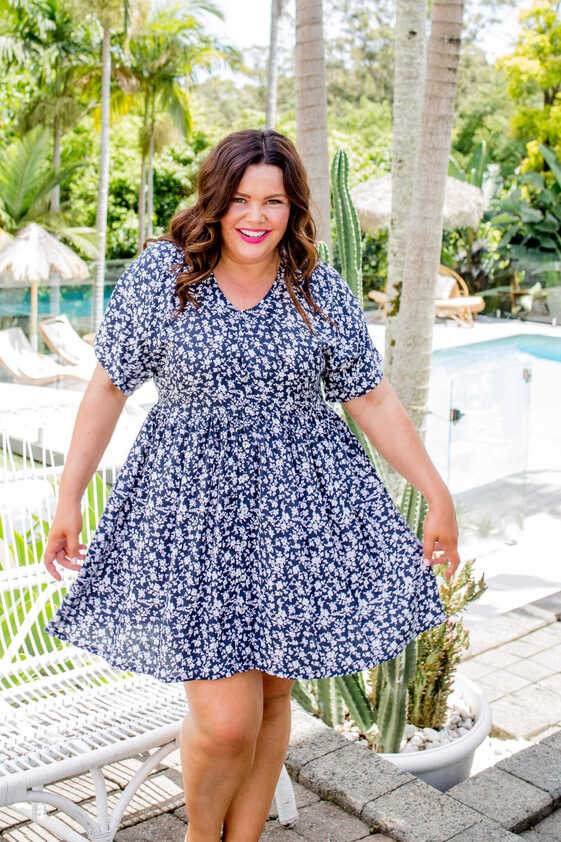 Short Summer Dress in Blue &amp; White Floral - Holley Day