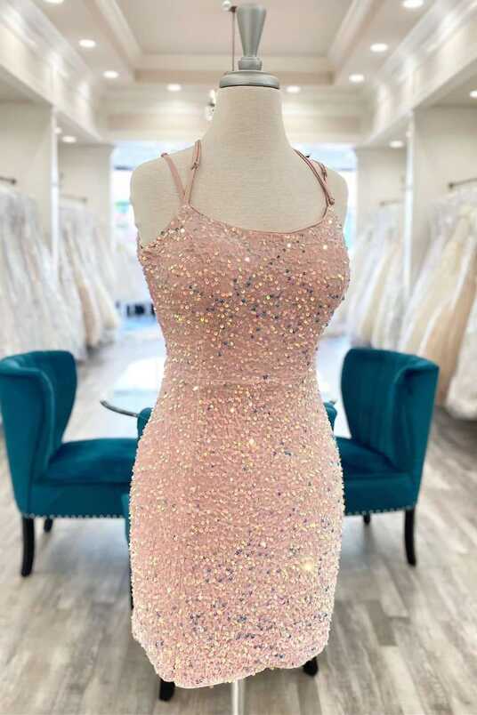 Short Tight Blush Pink Sequins Homecoming Dress