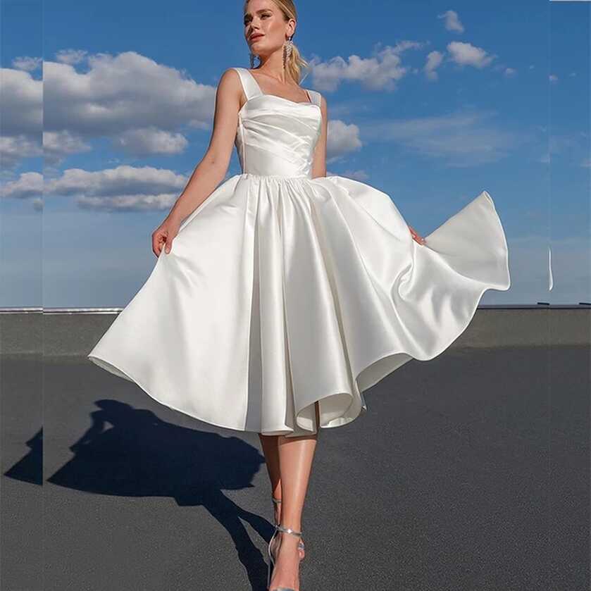 Short Wedding Dress Simple Satin Spaghetti Strap A-Line Bridal ...