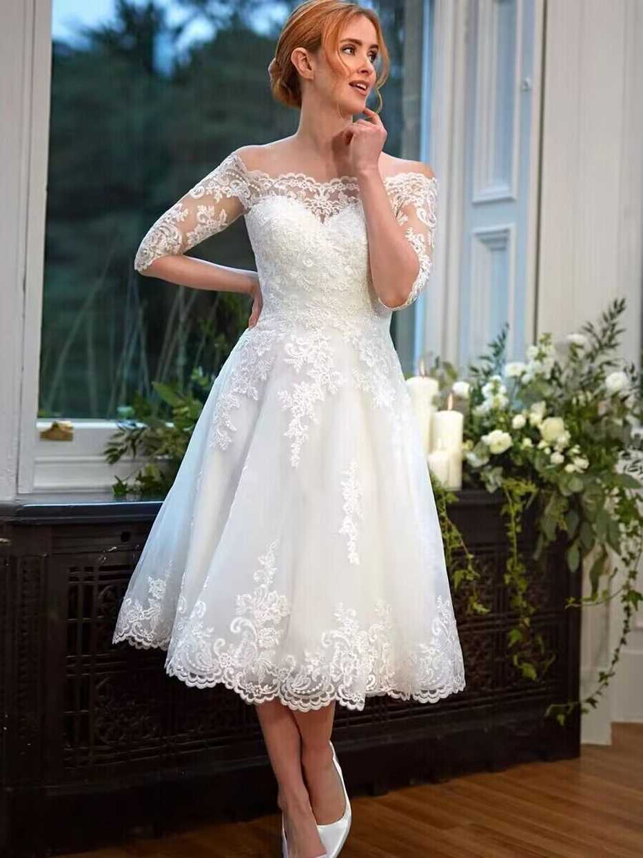 Short Wedding Dresses Off Shoulder Lace A Line Tea Length Bridal ...