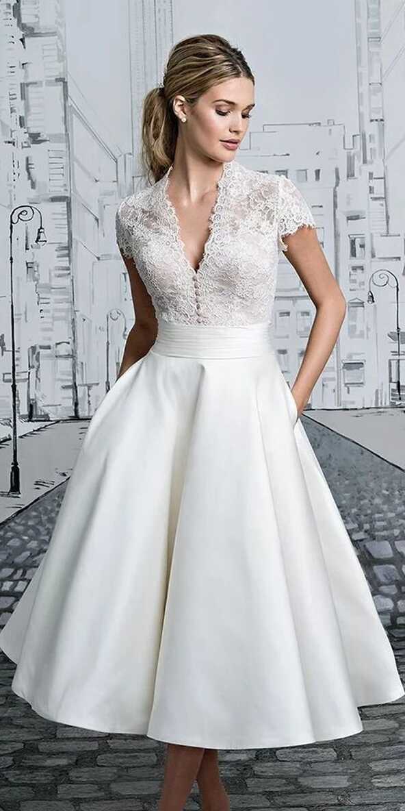 Short Wedding Dresses V-neck Lace Tea-length Ivory Simple Vintage ...