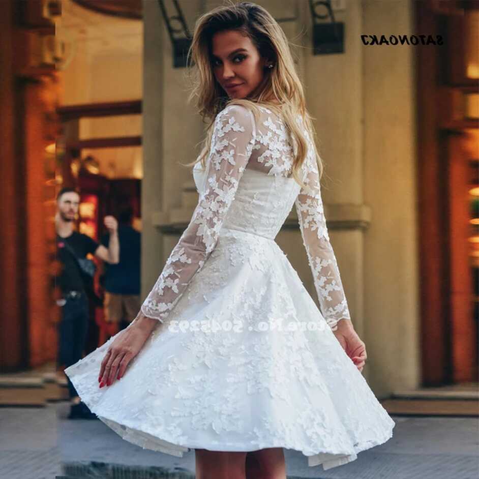 Short White Wedding Dresses Long Sleeves Knee Length Lace ...