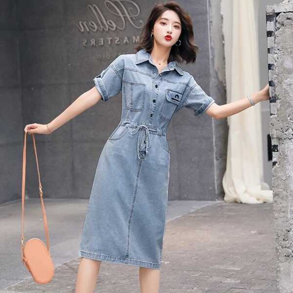 Short Women Sleeve Denim Dresses Summer Drawstring Pocket Fashion ...