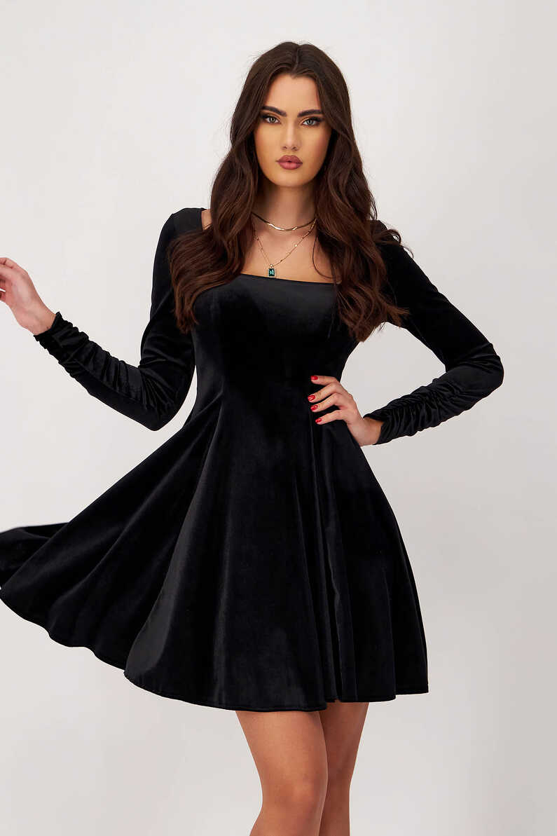 Short black velvet dress with square neckline - StarShinerS