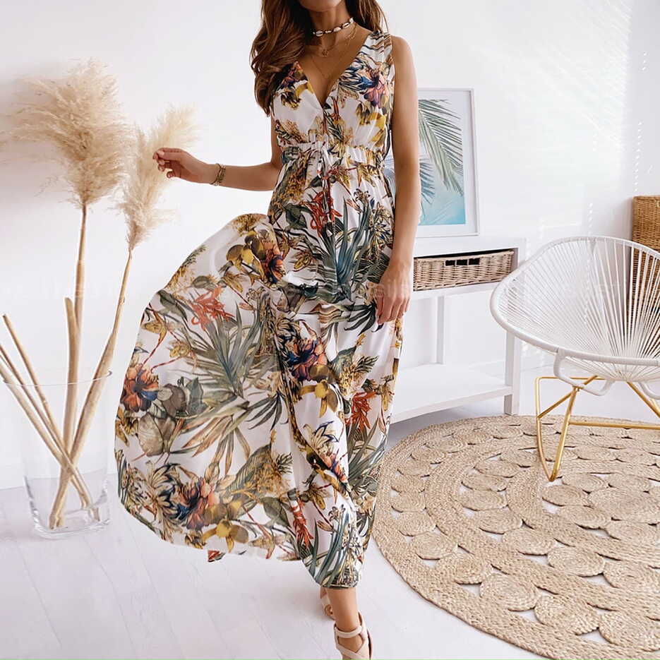 Shpwfbe Floral Print Halter Summer Dress for Women, Casual Long ...