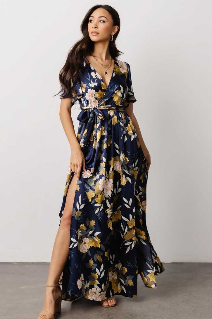 Sicily Satin Maxi Dress | Navy Floral | Baltic Born