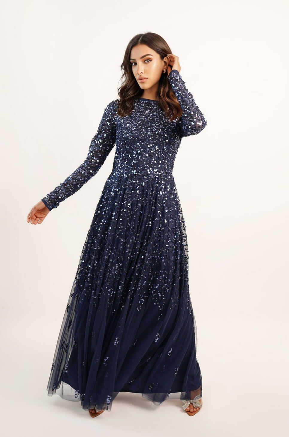 Sila Long Sleeve Embellished Maxi Dress in Dark Blue – Lace &amp; Beads