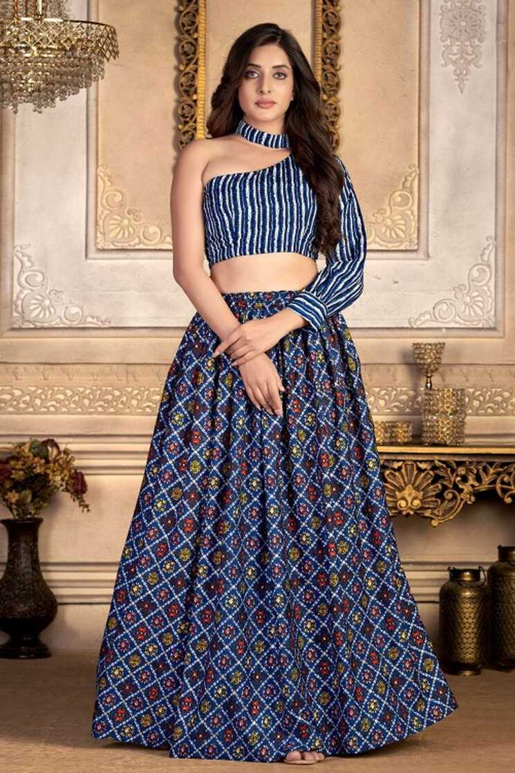 Silk Blue Indo Western Lehenga Choli in Printed - LC5737