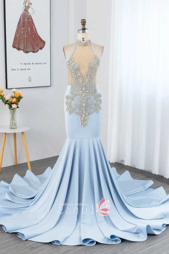 Silver Beading Light Blue Spandex Mermaid Sexy Prom Dress - Lunss