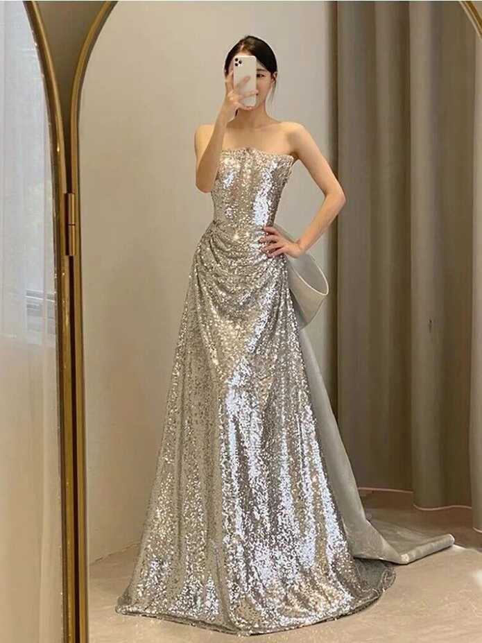 Silver Cocktail Dress Strapless Bow Trailing Sleeveless Shiny ...