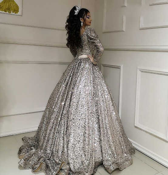 Silver Grey Ball Gown Evening Dresses Long Sleeve 2021 Arabic ...