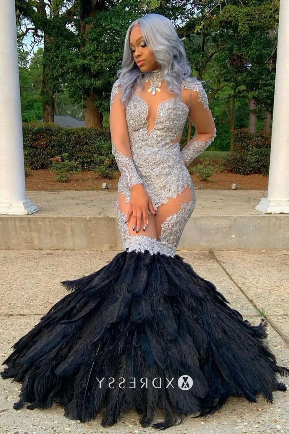 Silver Lace Black Feather Sheer Trumpet Prom Dress - Xdressy