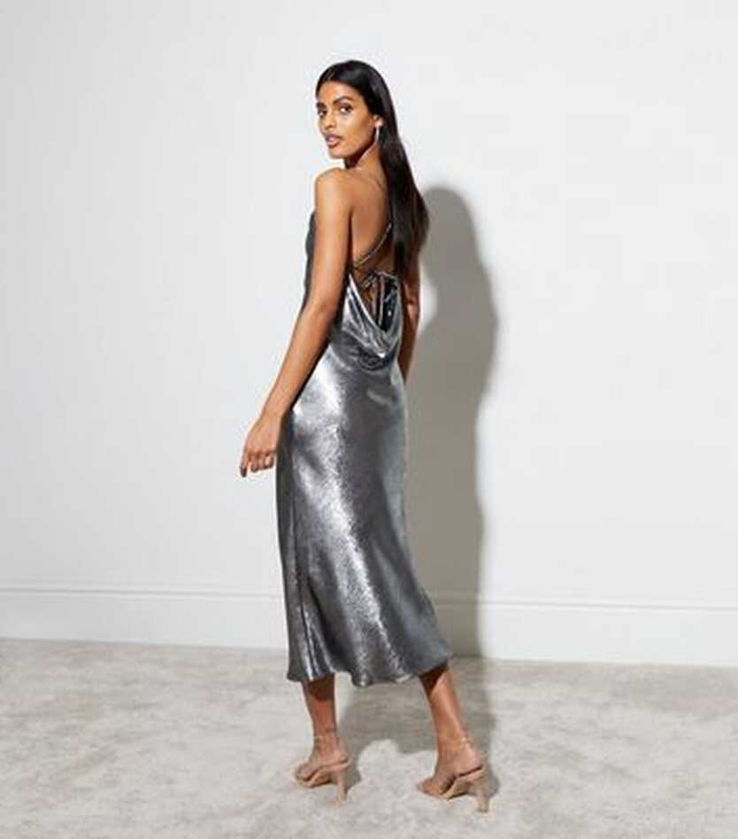 Silver Metallic Foil Cross Back Slip Midaxi Dress | New Look