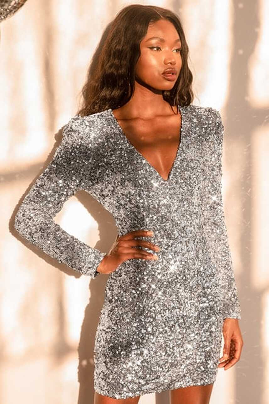 Silver Mini Dress - Sequin Mini Dress - Puff Shoulder Dress - Lulus