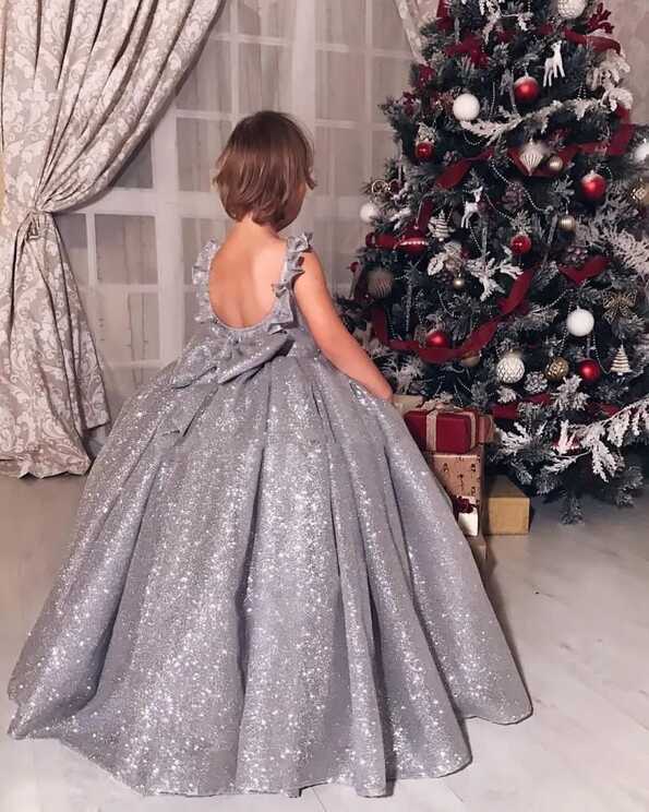 Silver Sequined Evening Gown With Bow For Girls Customizable ...