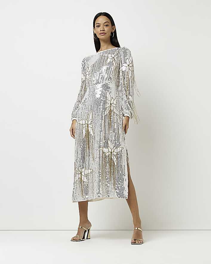 Silver floral sequin long sleeve midi dress | River Island