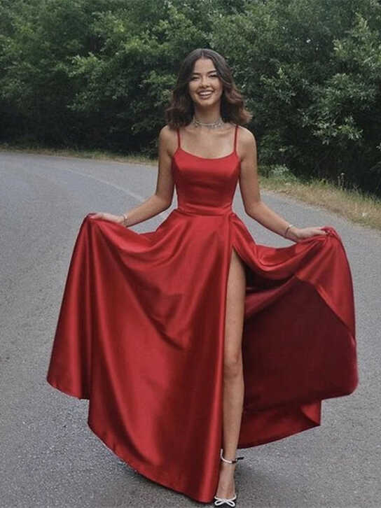 Simple A Line Dark Red Satin Long Prom Dresses with High Slit ...