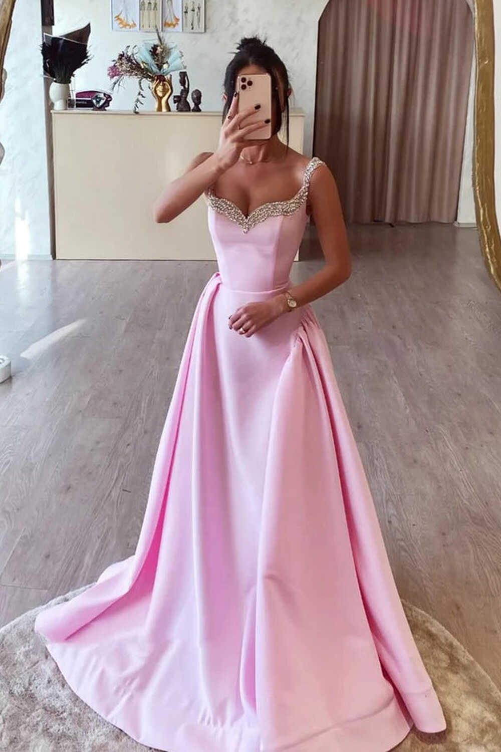 Simple A Line Pink Satin Long Prom Dresses with Beadings PSK562 ...