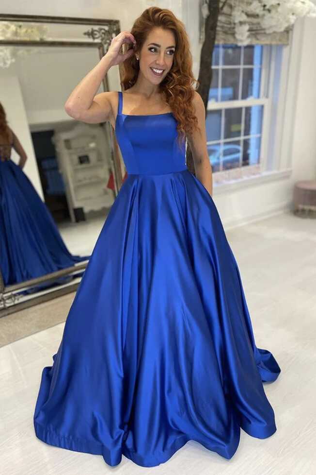 Simple A Line Royal Blue Satin Long Prom Dress, Long Blue Formal ...