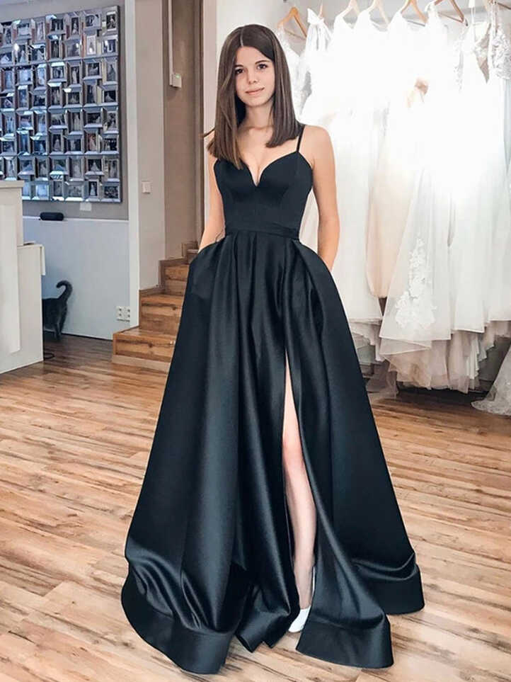 Simple A Line Satin Black Long Prom Dresses with High Slit, Long ...