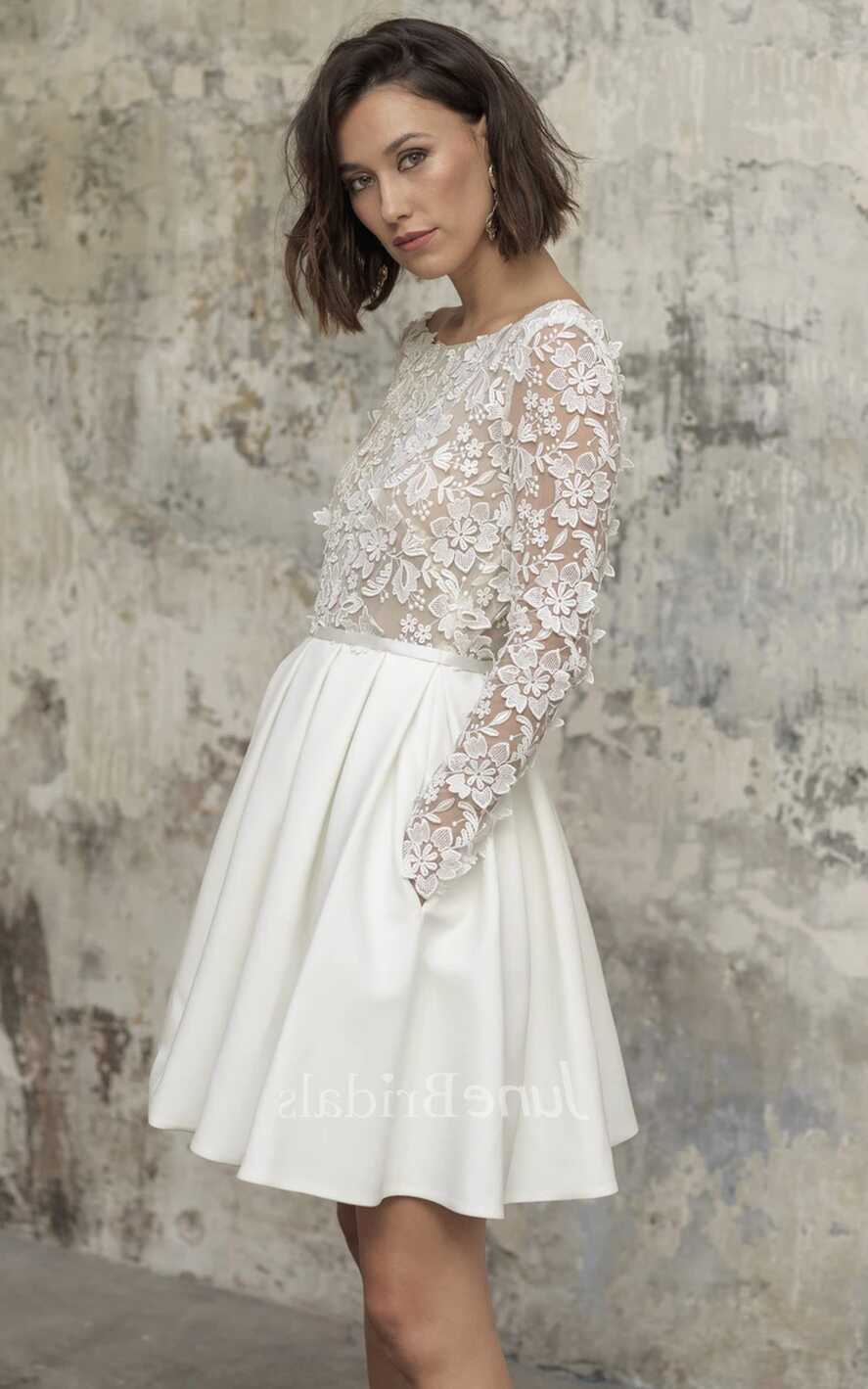 Simple A Line Short Knee-length Satin Lace Bateau Long Sleeve ...