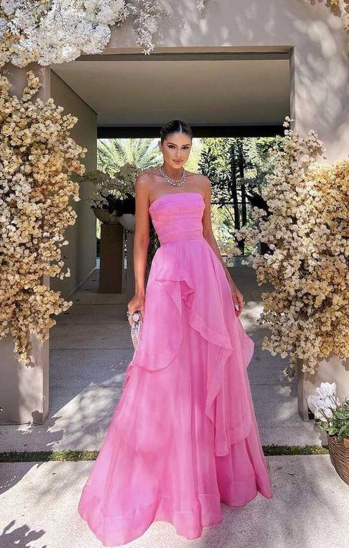 Simple A Line Tulle Ruffle Pink Prom Dresses Strapless Modest ...