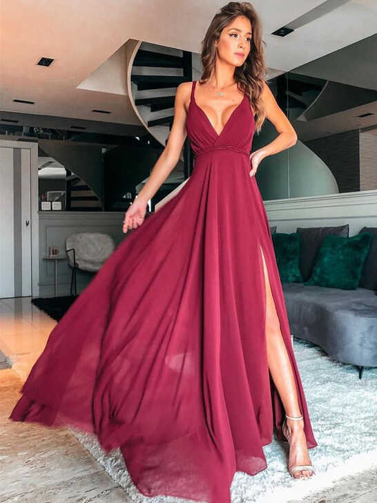 Simple A Line V Neck Burgundy Long Prom Dresses with Split ...