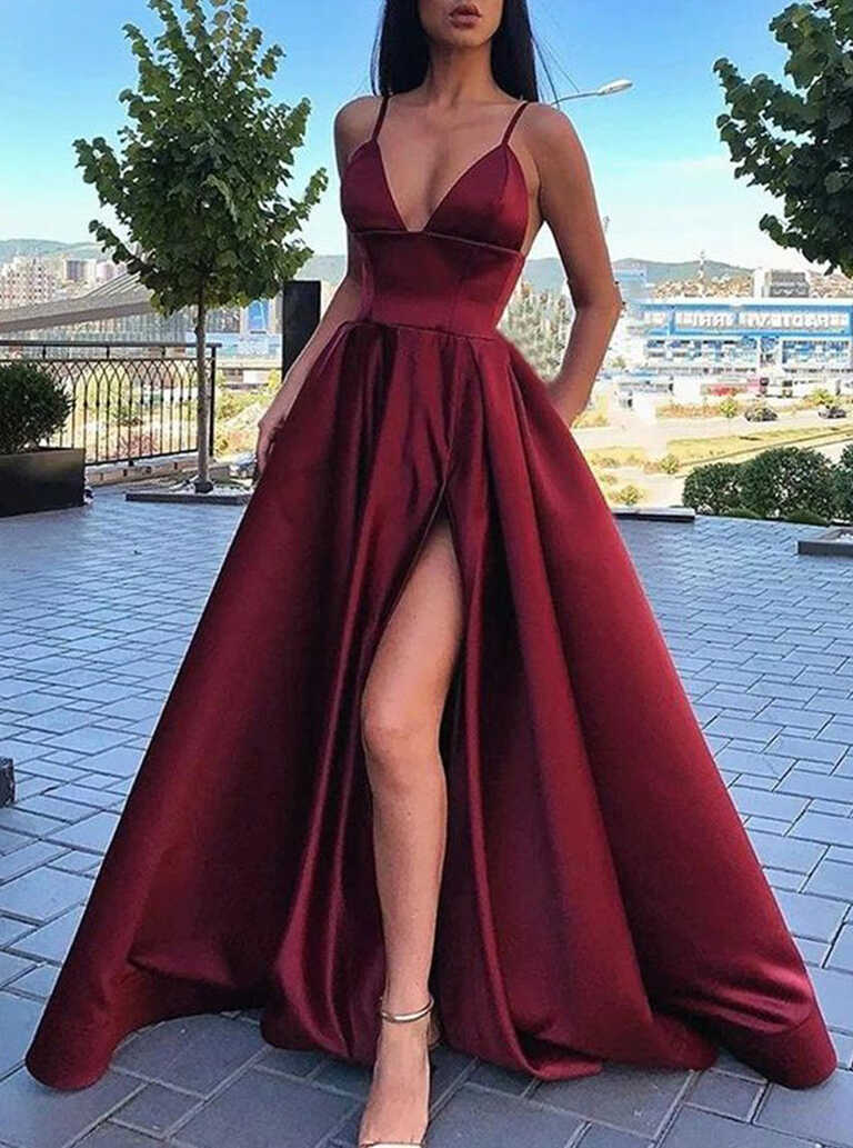 Simple A Line V-Neck Burgundy Split Prom Dresses