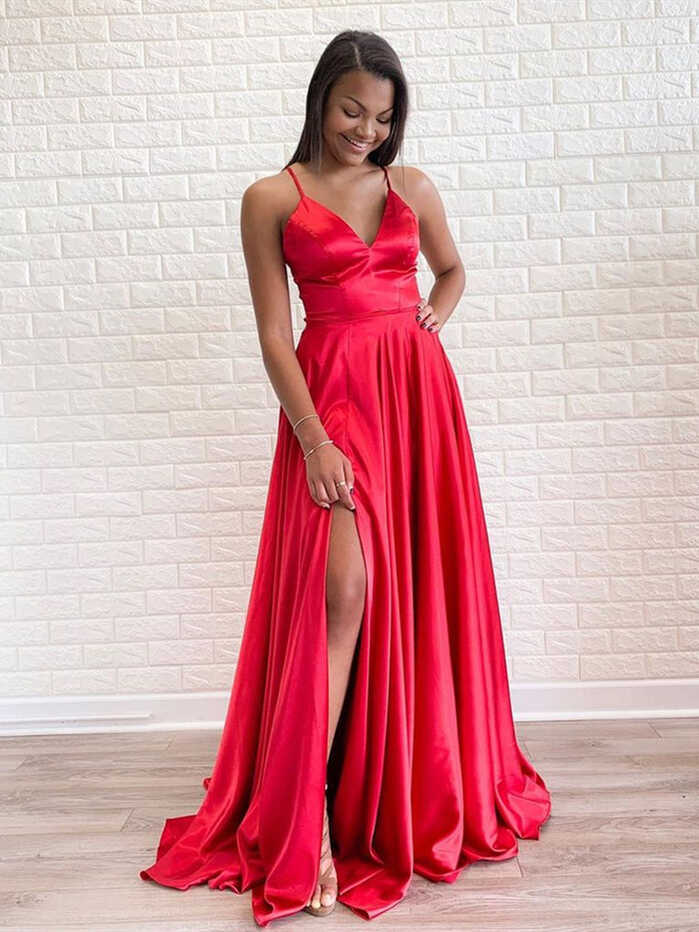 Simple A Line V Neck Red Satin Long Prom Dresses with Slit, V Neck ...