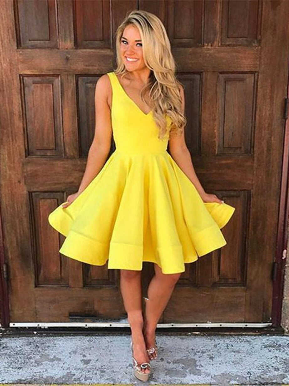 Simple A Line V Neck Short Yellow Prom Dresses, Short Yellow ...