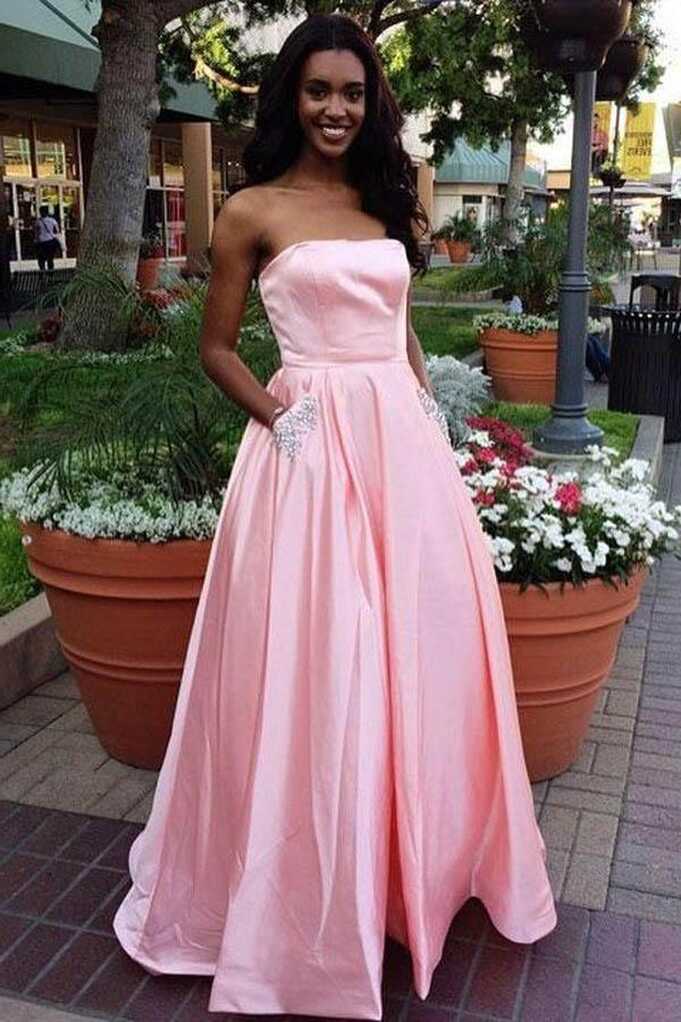 Simple A-line Strapless Long Prom Dresses Evening Dresses With ...