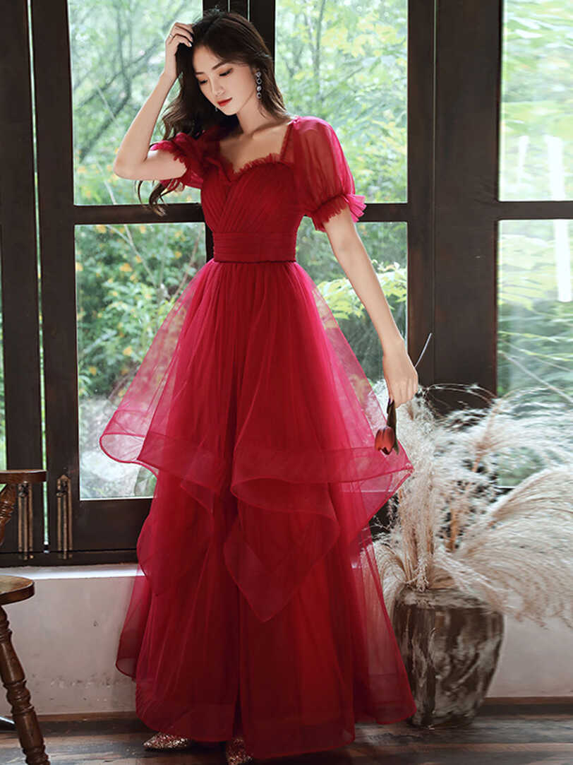 Simple A line Tulle Long Prom Dress Burgundy Tulle Formal Dress ...