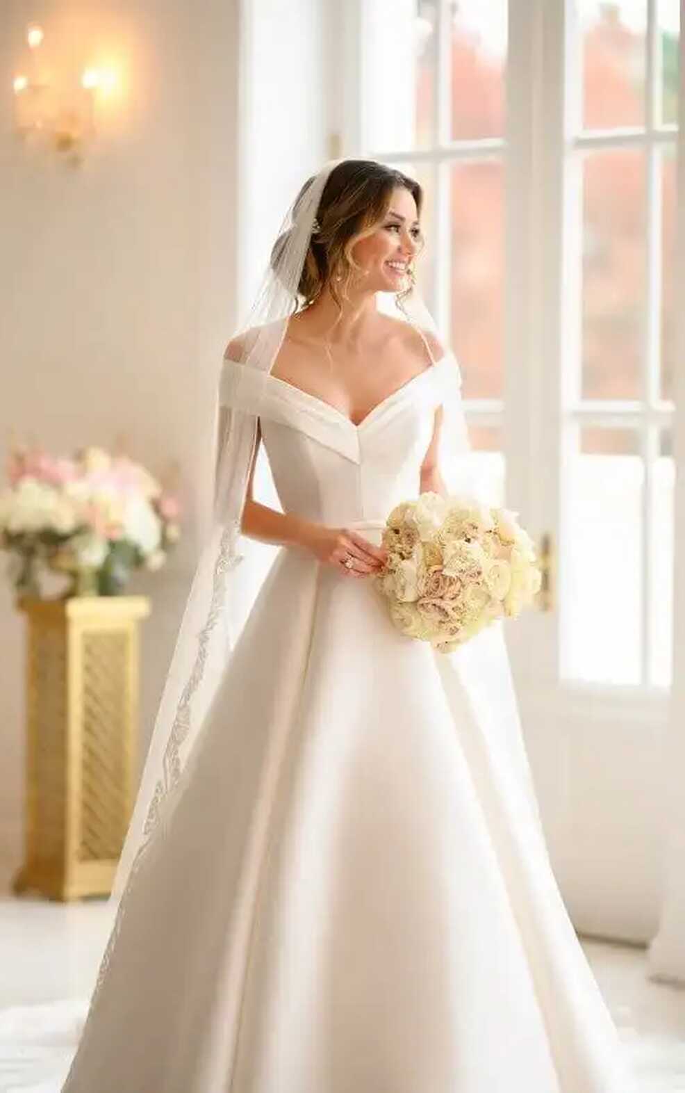 Simple Ballgown Wedding Dress with Off-the-Shoulder Sleeves ...